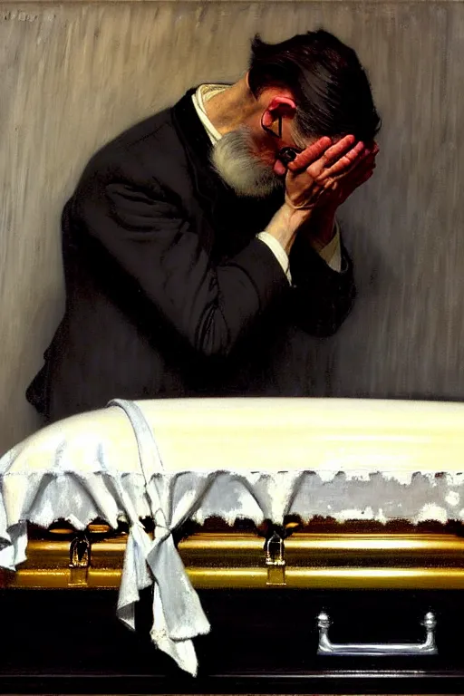 Prompt: a sad man mourning over a casket by alfred stevens and sherree valentine daines and sydney prior hall and norman rockwell, casket, grey cloth, highly detailed, deep shadows, accurate face, hyperrealism, dim lighting, candle, victorian