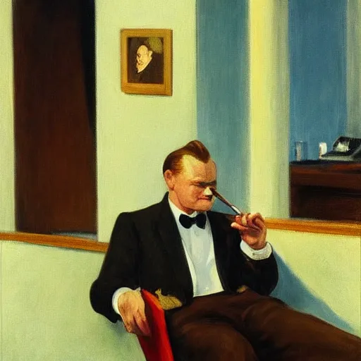 Image similar to A portrait of James Cagney smoking a cigar in a busy hotel lobby, painting by Edward Hopper and John Singer Sargent