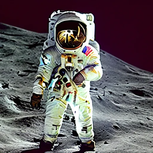 Prompt: photo of an old astronaut suit holding an electric guitar on the moon. detailed