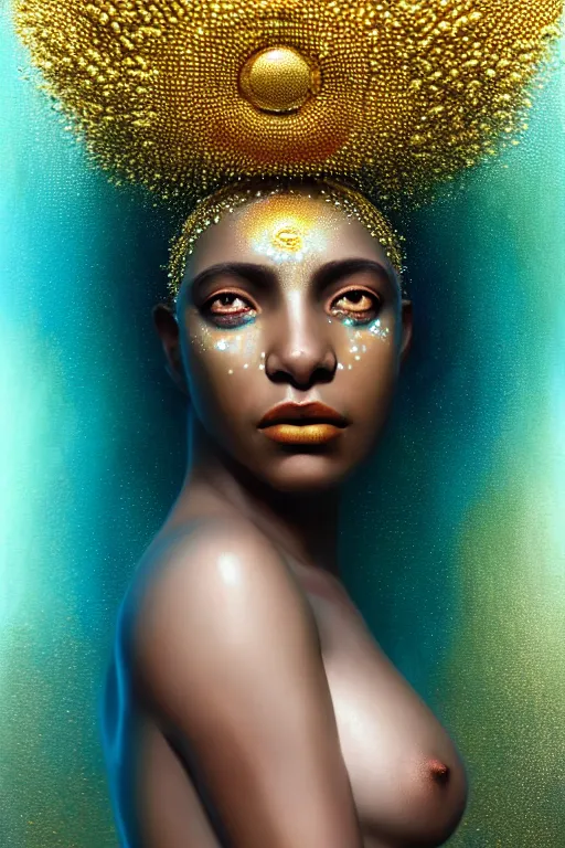 Prompt: hyperrealistic neo - symbolist cinematic very beautiful! oshun goddess with white eyes, yoruba body paint, dripping droplet armor, gold flowers, highly detailed digital art masterpiece, smooth etienne sandorfi eric zener dramatic pearlescent soft teal light, ground angle uhd 8 k, sharp focus