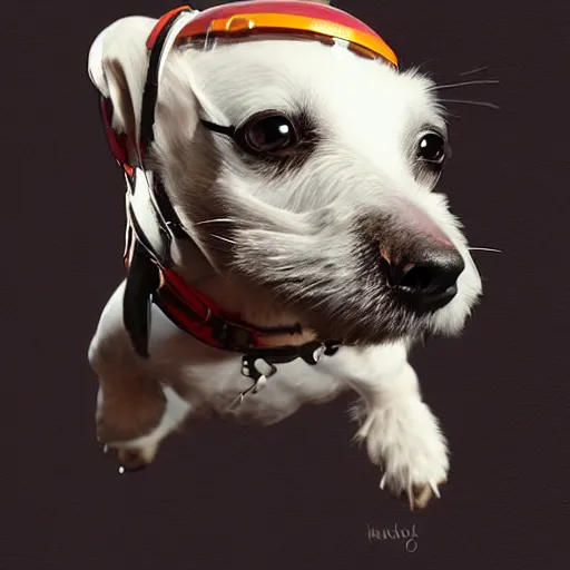 Prompt: white jack russell terrier, flying in space in a helmet, photorealism, digital painting, 4 k