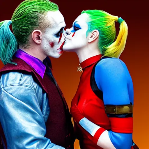 Image similar to photograph of Harley Quinn kissing the joker