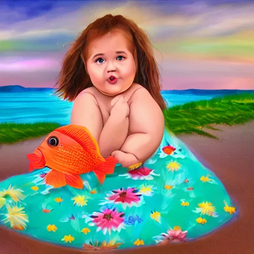 Prompt: spectacular scene of a little fat sweet girl with flowery dress, sitting on the sand, with a colorful fish, by the stormy lake. clear beautiful fat face. morning time. an amazingly beautiful scene. beautiful lighting, 4 k post - processing, trending in art station, cg society, highly detailed, 5 k extremely detailed, 3 d. stylize scene.