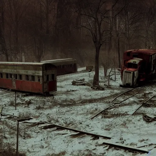 Image similar to trainwreck, boxcar destruction, atmospheric and depressed, post-apocalyptic, Cinematic, film still from a horror movie