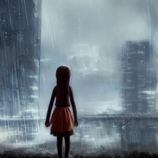 Prompt: a young girl with glasses looking to a rainy sky, designed by peter andrew jones and pixar, photorealistic, 3 d render, award winning render, unreal engine, octane render, studio lighting, 8 k, hd, dustin nguyen, akihiko yoshida, greg tocchini, greg rutkowski, cliff chiang