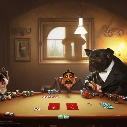 Prompt: a highly detailed matte portrait mister bean playing poker with dogs, standing at a card table, art by artgerm and greg rutkowski and alphonse mucha, volumetric lighting, octane render, 4 k resolution, trending on artstation, masterpiece