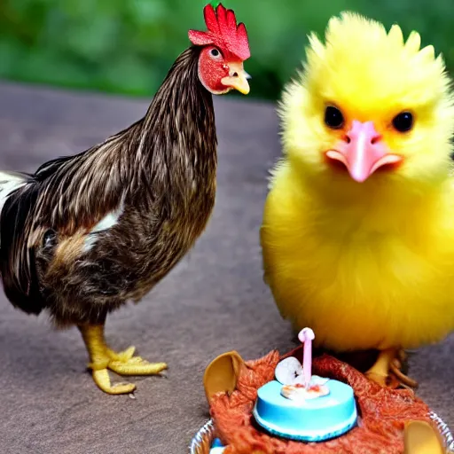 Image similar to a light downed baby chick is standing beside a rooster and a tiny birthday cake