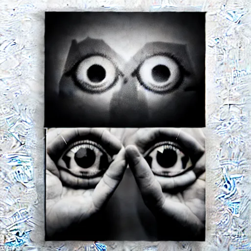 Image similar to three realistic eyes and hands floating in the sky over a city, high contrast, low key, black and white, vintage poster, film grain