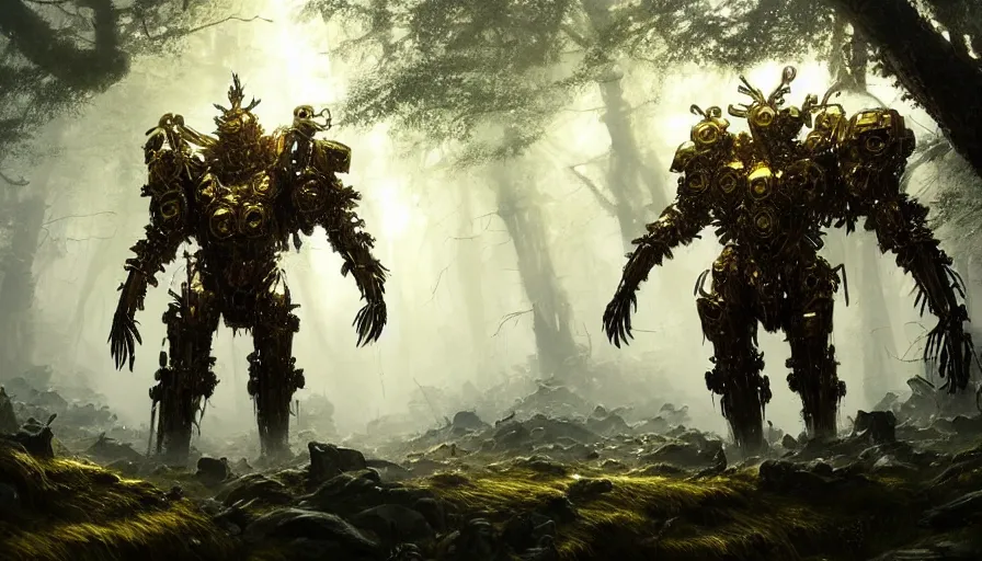 Image similar to large walking mech covered in gold and silver armor with elden ring aesthetic, covered in moss and birds, glowing lights, beautiful forests and trees, intricate detail, epic wallpaper, art by darek zabrocki and John Park and Feng Zhu and Jason Chan, trending on artstation, masterpiece.