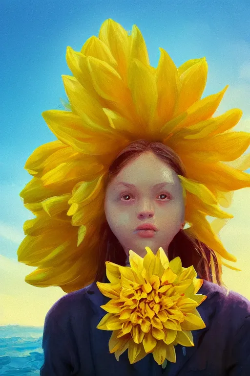 Image similar to closeup girl with huge yellow dahlia flower face, on beach, surreal photography, blue sky, sunrise, dramatic light, impressionist painting, digital painting, artstation, simon stalenhag