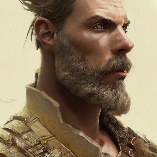 Image similar to portrait of a rugged male, D&D, fantasy, intricate, elegant, highly detailed, digital painting, artstation, concept art, smooth, sharp focus, illustration, art by artgerm and greg rutkowski and alphonse mucha