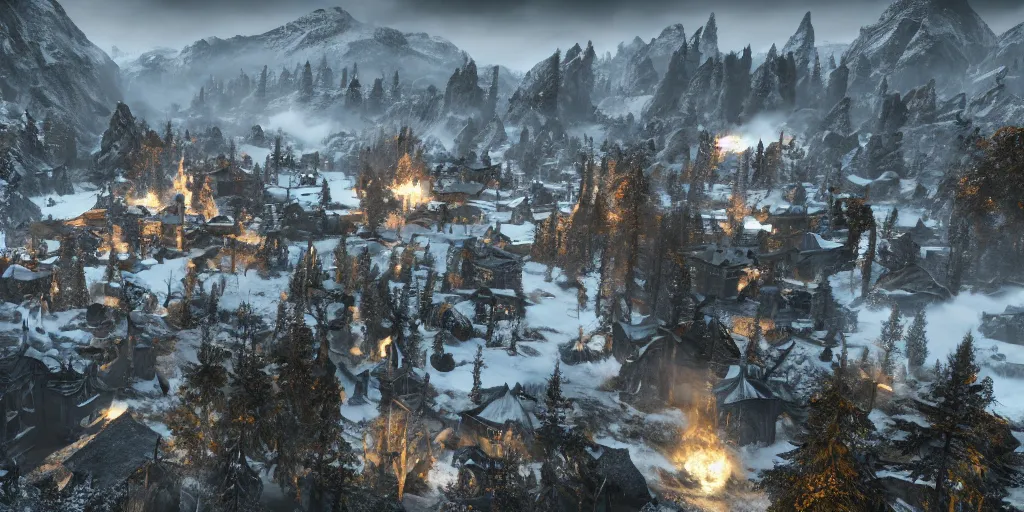 Image similar to a photo of 8k skyrim towns and point of interests, cinematic lighting, trending on artstation, 4k, hyperrealistic, focused, extreme details, unreal engine 5, cinematic, masterpiece