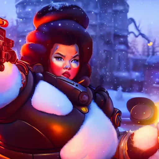 Image similar to a screenshot of arnold schwarzenegger as mei in the snow shooting frost gun in overwatch, portrait, fantasy, beautiful face, vivid colors, elegant, concept art, sharp focus, digital art, hyper - realistic, 4 k, unreal engine, highly detailed, hd, dramatic lighting by brom, trending on artstation