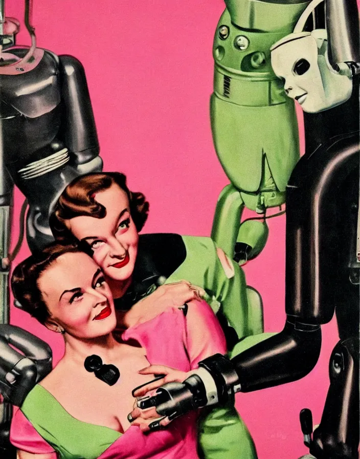 Prompt: a female housewife!!!! being hugged lovingly by a robot!!!! in a suit!!!, 1 9 5 0 s horror film movie poster style, ( norman rockwell oil painting ), close - up shot, retro science fiction, vintage, saturated pink and green lighting, shadowy lighting