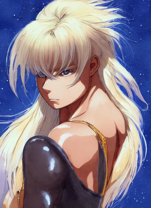 Image similar to Face portrait of a very very beautiful muscular anime girl with tanned skin and cream colored hair wearing a fur coat, watercolor, digital painting, art by Kenichi Sonoda ((Moebius)) Makoto Shinkai (((Shirow Masamune))) and Katsuhiro Otomo, very detailed, sharp focus, digital painting, cyberpunk, high quality, color manga panel, hard shadows