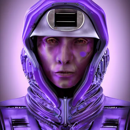 Image similar to a portrait photo of a futuristic sci - fi pirate, purple themed, cybernetically enhanced pirate, cyborg