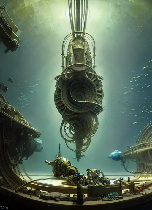 Prompt: epic concept illustration, highly detailed, intricate mechanical design, hard science concept art, underwater nautilus submarine being prepared for launch, by greg rutkowski and alphonse mucha. uhd, cinematic lighting, amazing depth, cinematography by 2 0 1 7