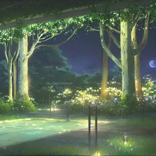 Image similar to a secret garden at night, moon, no people, by makoto shinkai