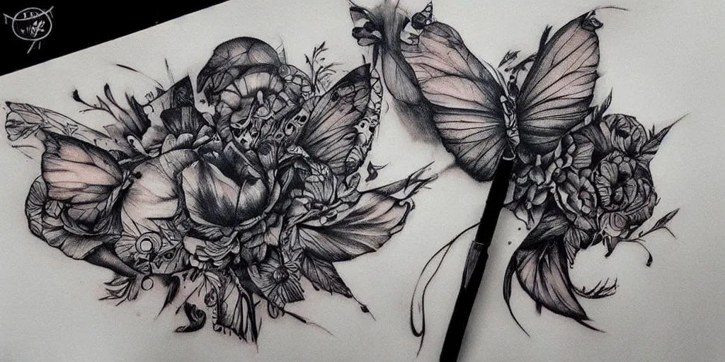 Prompt: realistic tattoo designs drawn on paper, dark, golden, delicate, hyper realism, tim burton, ink, ultra realistic, 8 k