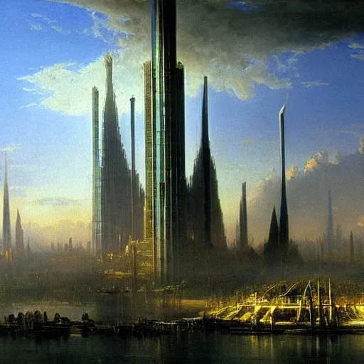 Prompt: a painting of a science fiction city filled with exotic market, tall towers inspired by tolkien, painted by bierstadt