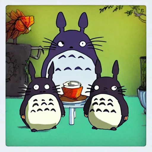 Prompt: totoro and goku having a tea party