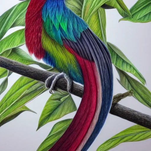 Image similar to a color pencil drawing of a quetzal by natalia rojas and ana maria martinez jaramillo, wingspan artwork, realistic graphite, highly detailed, artstation, realism, photorealism, fine art, white background