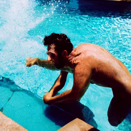 Prompt: photo of jewish man diving into a pool of money, cinestill, 800t, 35mm, full-HD