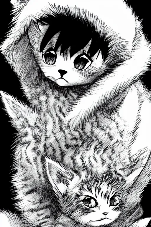 Image similar to Baby Kitten, highly detailed, black and white, manga, art by Kentaro Miura