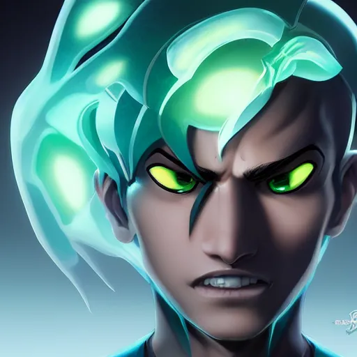 Image similar to a symmetrical face shot character design by artgerm, wlop, ross tran. young danny phantom!! glowing green eyes!! sharp teeth grin!! face sharp edges. ultra clear detailed. 8 k. ultra detailed, elegant, intricate, octane render.