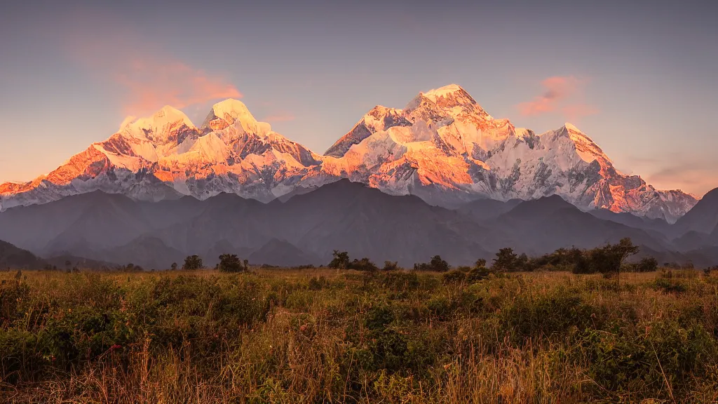 Prompt: moody sunset picture of the Annapurna mountain range with McDonalds restaurant visible in the foreground disturbing the view, large-format landscape photography