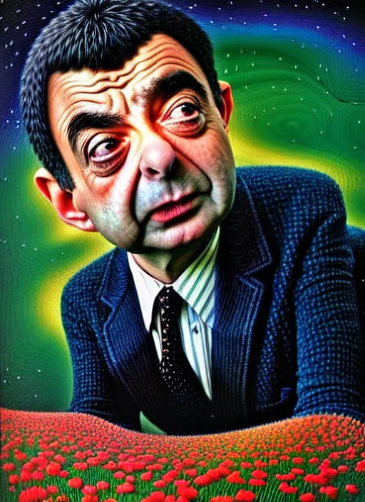 Image similar to hyper detailed 3d render like a Oil painting - silly portrait of Rowan Atkinson as Mr. Bean in Aurora seen Eating of the Strangling network of yellowcake aerochrome and milky Fruit and Her delicate Hands hold of gossamer polyp blossoms bring iridescent fungal flowers whose spores black the foolish stars by Jacek Yerka, Mariusz Lewandowski, Houdini algorithmic generative render, Abstract brush strokes, Masterpiece, Edward Hopper and James Gilleard, Zdzislaw Beksinski, Nicoletta Ceccoli, Wolfgang Lettl, hints of Yayoi Kasuma, octane render, 8k