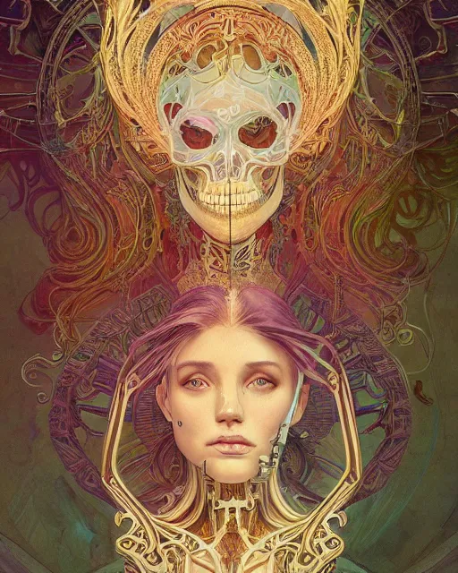 Prompt: glitch art bionic skeleton, vaporwave, highly detailed, very intricate, art nouveau, gold filigree, romantic storybook fantasy, soft cinematic lighting, award - winning, disney concept art watercolor illustration by mandy jurgens and alphonse mucha and alena aenami, pastel color palette, featured on artstation