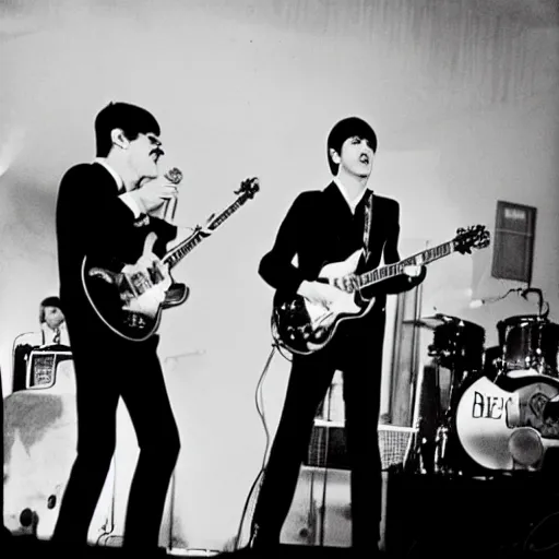 Image similar to The Smiths performs with the Beatles, professional vintage photo, highly detailed, sharp focus, 35mm