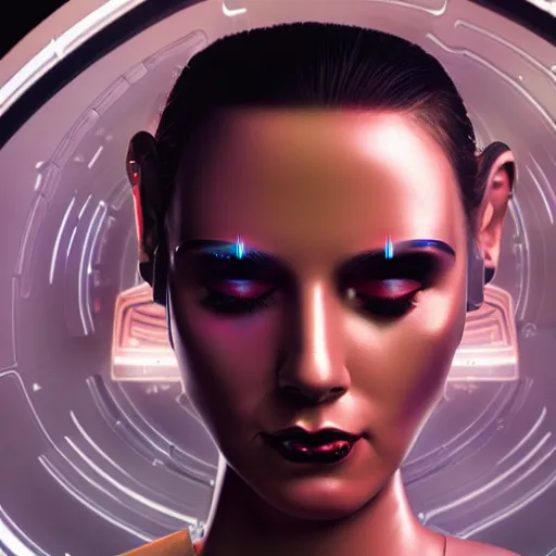 Prompt: celestial female robot, facial portrait, retro-futuristic, legendary epic shot, 90s make-up, galaxy space hunter, cyber implants, wires, low angle, dawn, by syd mead , airbrush, science fantasy, 90s ad, concept art, realistic matte painting, Smooth gradients, octane render, 8k, High contrast, duo tone, depth of field, volumetric lightning, very coherent, symmetrical, skin pore detail