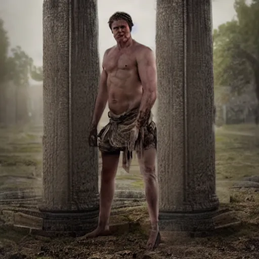 Image similar to portrait of Achilles, standing in ruins, fallen columns, highly detailed face, photo realistic, facial features, tom chambers photography