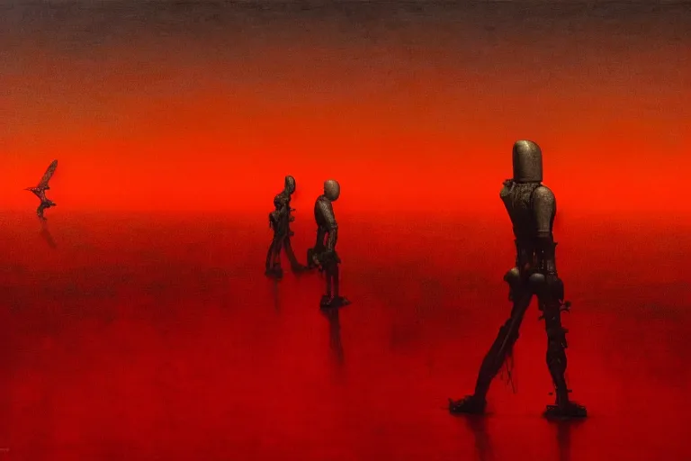 Prompt: only with red, a red dystopic knight, venice, flock of birds in the red sky, in the style of beksinski, parts by edward hopper, parts by rodcenko, parts by yue minjun, intricate and epic composition, red by caravaggio, insanely quality, highly detailed, masterpiece, red light, artstation, 4 k