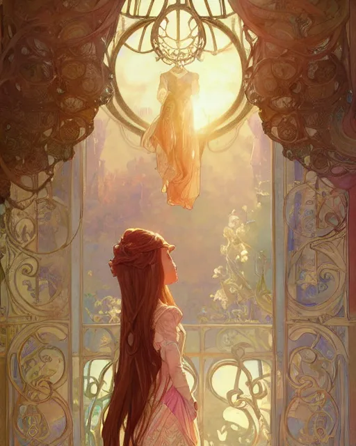 Image similar to secret romance, highly detailed, gold filigree, romantic storybook fantasy, soft cinematic lighting, award, disney concept art watercolor illustration by mandy jurgens and alphonse mucha and alena aenami, pastel color palette, featured on artstation