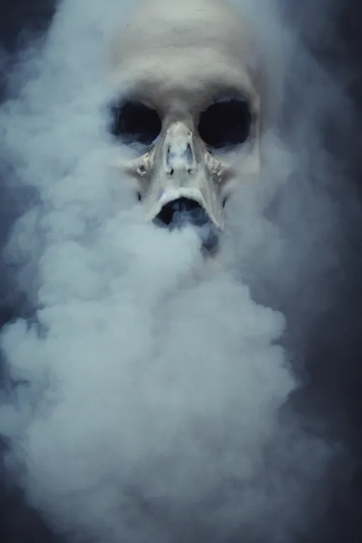 Prompt: portrait photograph of spooky face emitting smoke, high-resolution like terror movement, dark and dull colors