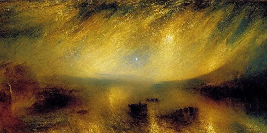 Image similar to stunning river landscape with sky full of galaxies by j. m. w turner