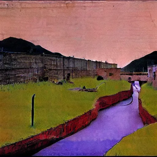 Image similar to a chinese prison near a river by peter doig, muted colors