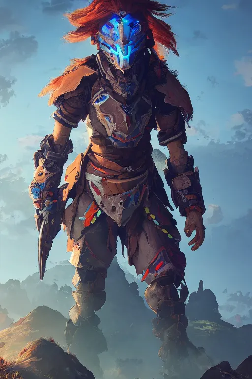 Image similar to combination suit armor aloy horizon forbidden west horizon zero dawn radiating a glowing aura global illumination ray tracing hdr fanart arstation by ian pesty and alena aenami artworks in 4 k tribal robot ninja mask helmet backpack