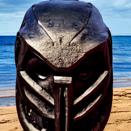 Image similar to high quality photo of The Predator Mask on the beach, realism, 8k, award winning photo