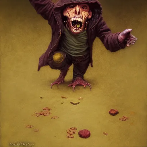 Image similar to grinning hellpunk the thieving Goblin wearing a grubby brown hoodie sweater whilst pointing a dagger at you chris cold marc simonetti ross tran greg rutkowski dan witz john currin vik muniz robert gober oil painting