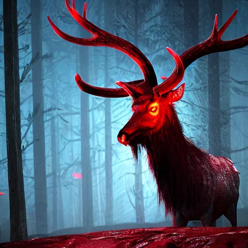 Image similar to Photorealistic wendigo elk dripping blood. Hyperdetailed photorealism, 108 megapixels, amazing depth, glowing rich colors, powerful imagery, Eldritch Horror Overtones, 3D finalrender, 3d shading, cinematic lighting, artstation concept art