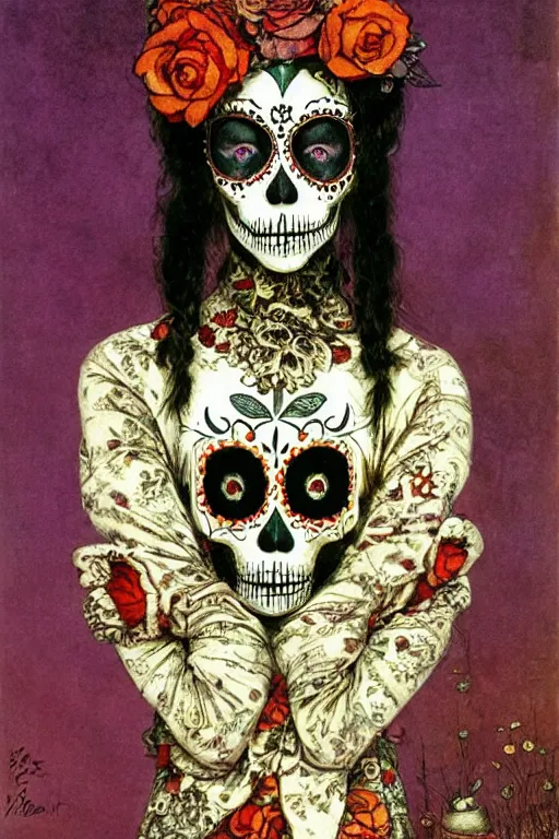 Prompt: Illustration of a sugar skull day of the dead girl, art by John Atkinson Grimshaw