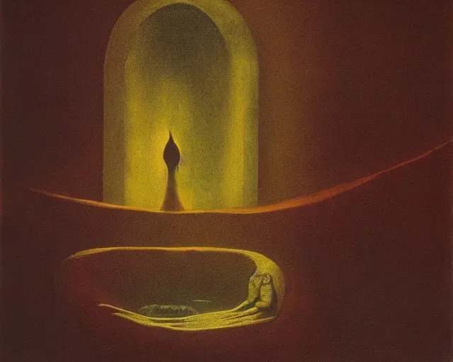 Image similar to lamprey by francis bacon, beksinski, mystical redscale photography evocative. devotion to the scarlet woman in her cathedral, priestess in a conical hat, coronation, ritual, sacrament