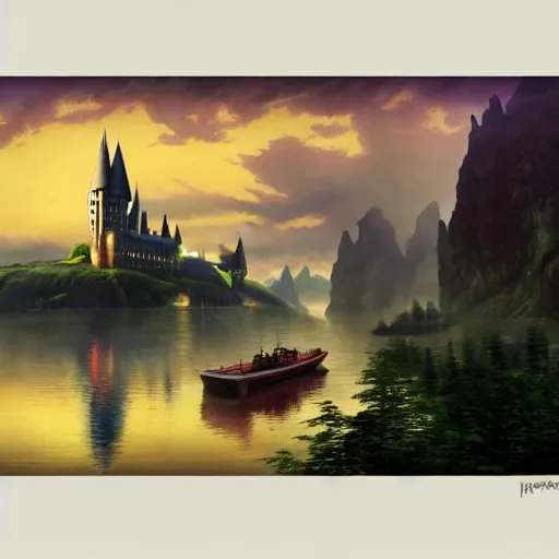 Prompt: Hogwarts, ship on Lake, misty, HDR, by Simon Stålenhag, moon, clouds, mist, moon rays, Zhangjiajie in early morning, light and shadow, Shin-hanga by Thomas Kinkade and Bob Ross, traditional Japanese colors, superior quality, masterpiece, featured, trending, award winning, HD, UHD, 4K, 8K, anamorphic widescreen