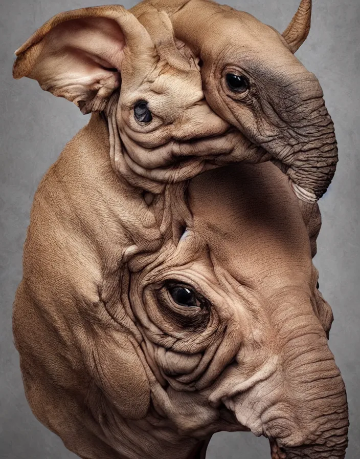 Image similar to portrait of muscular animal human merged head skin ears, without background, fit in frame, scales skin dog, cat merged elephant head cow, chicken face morphed fish head, gills, horse head animal merge, morphing dog head, animal eyes, merging crocodile head, anthropomorphic creature