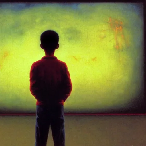 Image similar to 8k professional photo of an 8 years old enlightened and scared boy standing in front of an old computer from 90s with a game doom2 at the monitor screen in a vr vaporvawe space, Beksinski impasto painting, part by Adrian Ghenie and Gerhard Richter. art by Takato Yamamoto, masterpiece. still from a movie by Gaspar Noe and James Cameron