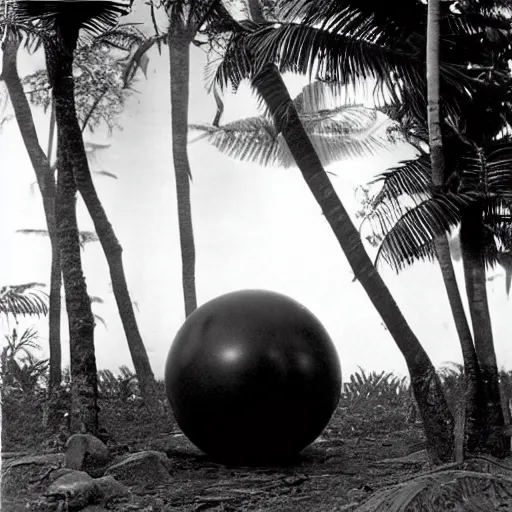 Prompt: a rizom lost film footage of a sphere in the middle of the tropical jungle / tribalism / modernism / film still / cinematic / enhanced / 1 9 2 0 s / black and white / grain